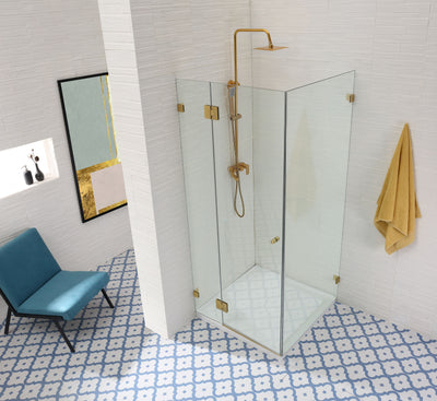 COVEY WALL TO WALL FRAMELESS PIVOTAL HINGE DOOR SHOWER SCREEN BRUSHED GOLD