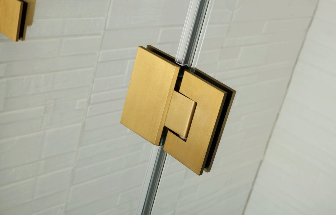 COVEY WALL TO WALL FRAMELESS PIVOTAL HINGE DOOR SHOWER SCREEN BRUSHED GOLD