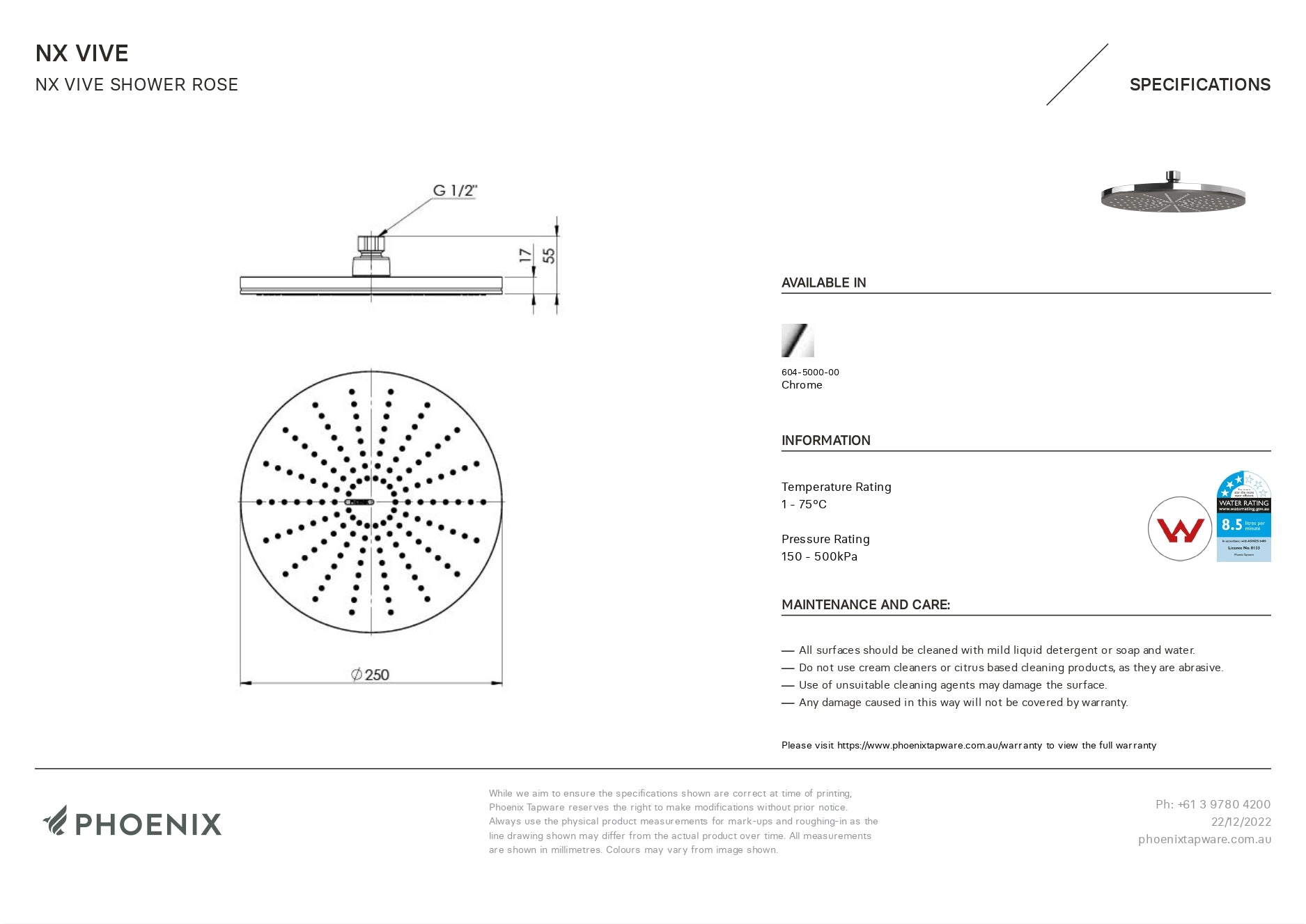 PHOENIX NX VIVE SHOWER ROSE 250MM CHROME