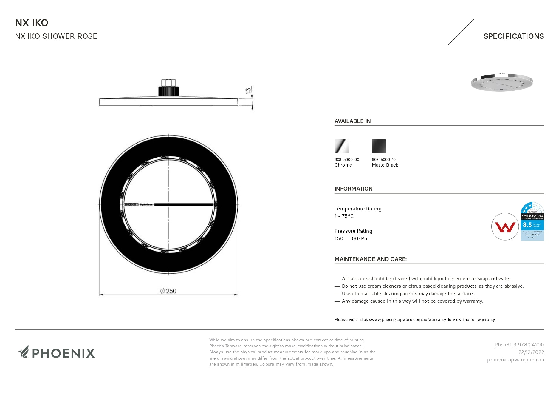 PHOENIX NX IKO WITH HYDROSENSE SHOWER ROSE 250MM CHROME