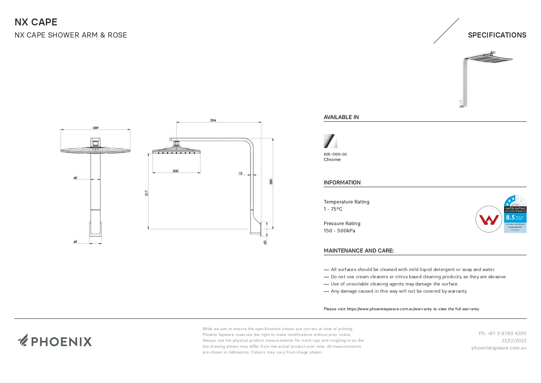 PHOENIX NX CAPE SHOWER ARM AND ROSE 200MM CHROME