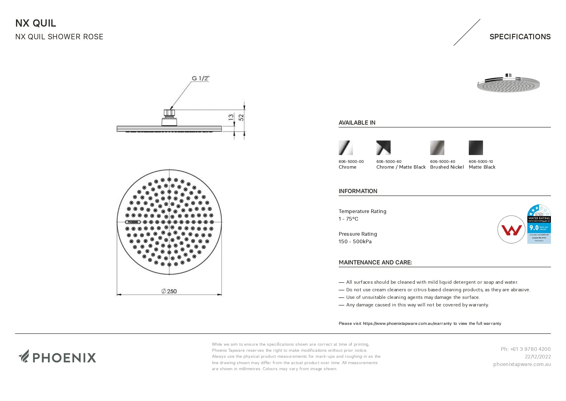 PHOENIX NX QUIL SHOWER ROSE 250MM BRUSHED NICKEL