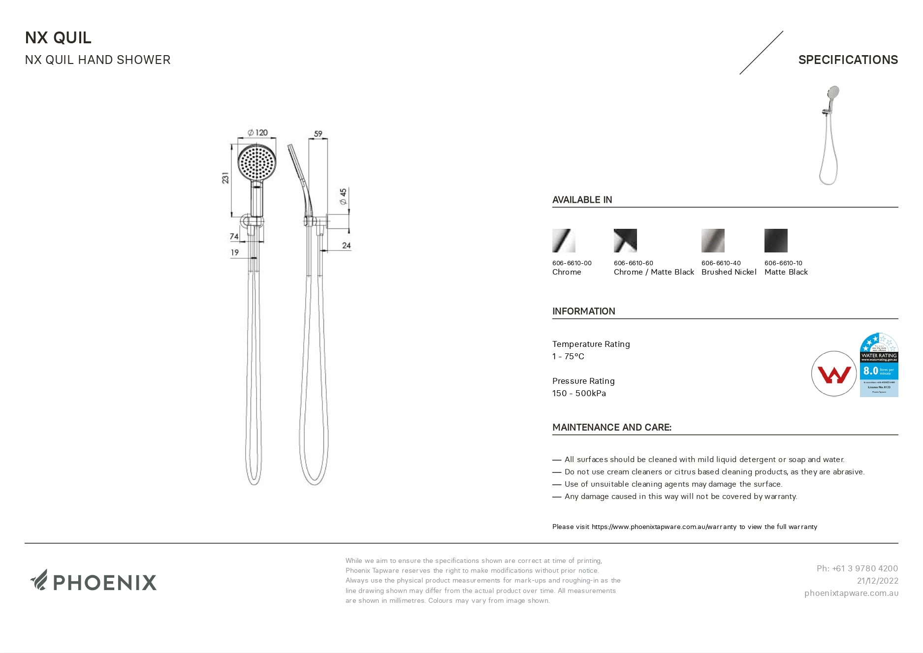 PHOENIX NX QUIL HAND SHOWER MATTE BLACK