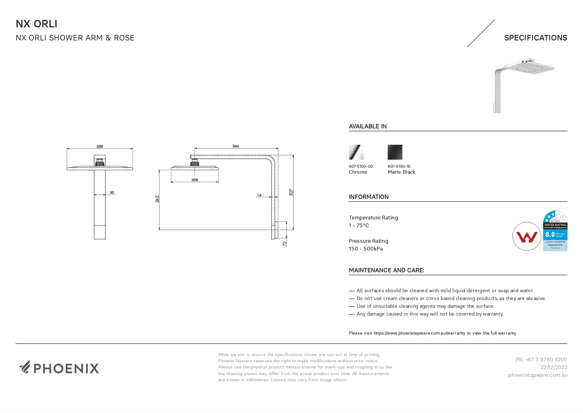 PHOENIX NX ORLI WITH HYDROSENSE SHOWER ARM AND ROSE 200MM CHROME
