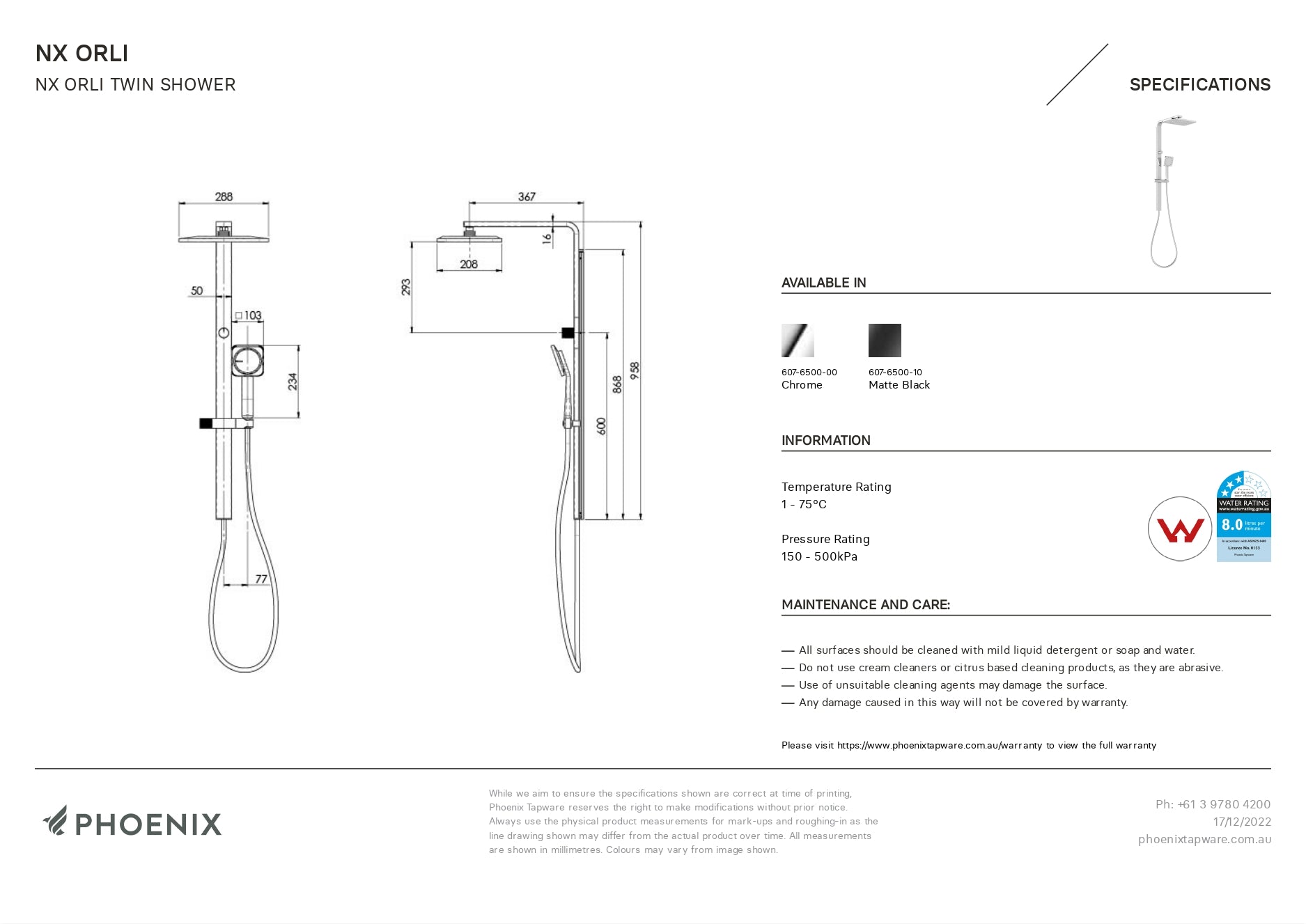 PHOENIX NX ORLI WITH HYDROSENSE TWIN SHOWER CHROME