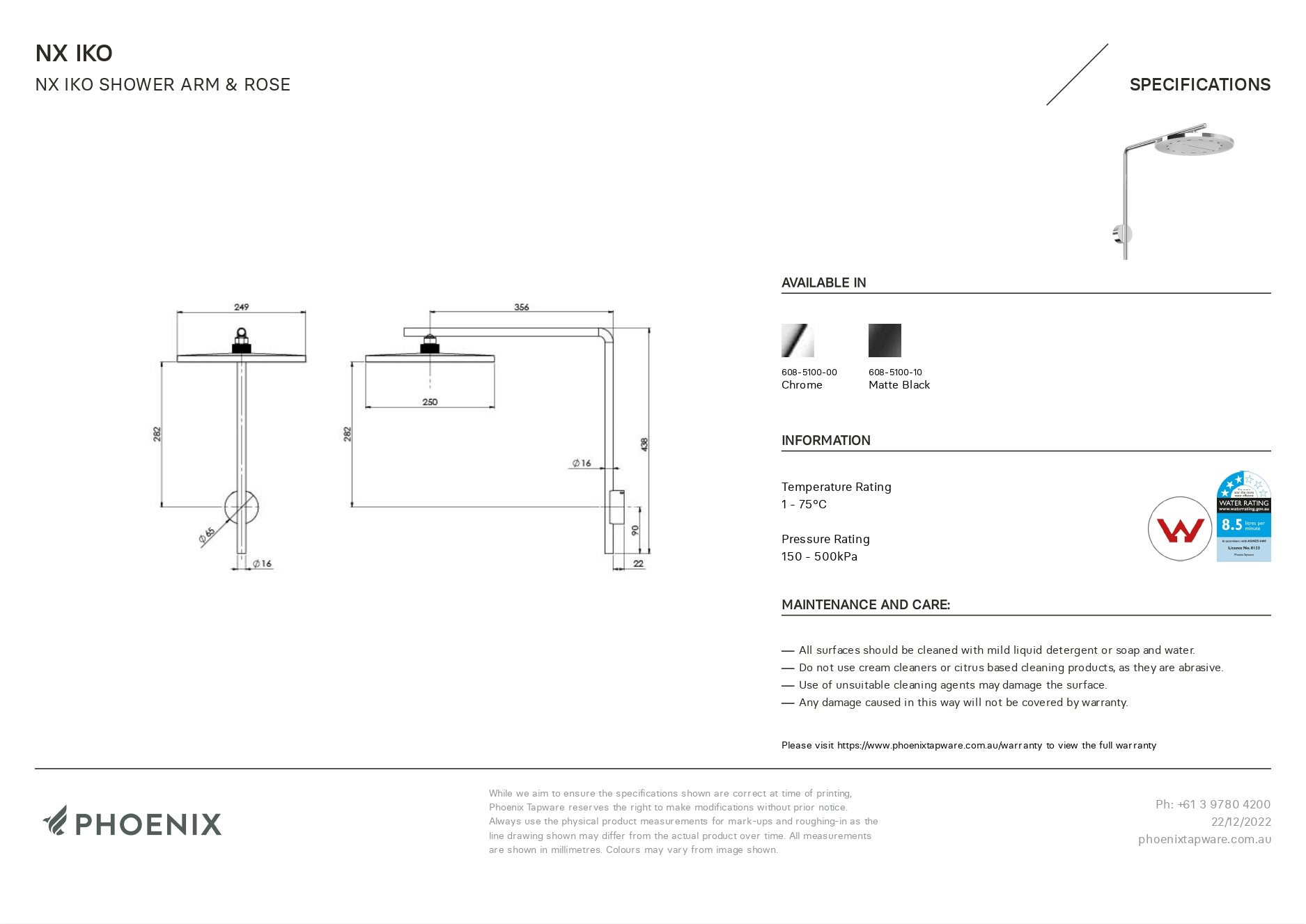 PHOENIX NX IKO WITH HYDROSENSE SHOWER ARM AND ROSE 250MM MATTE BLACK