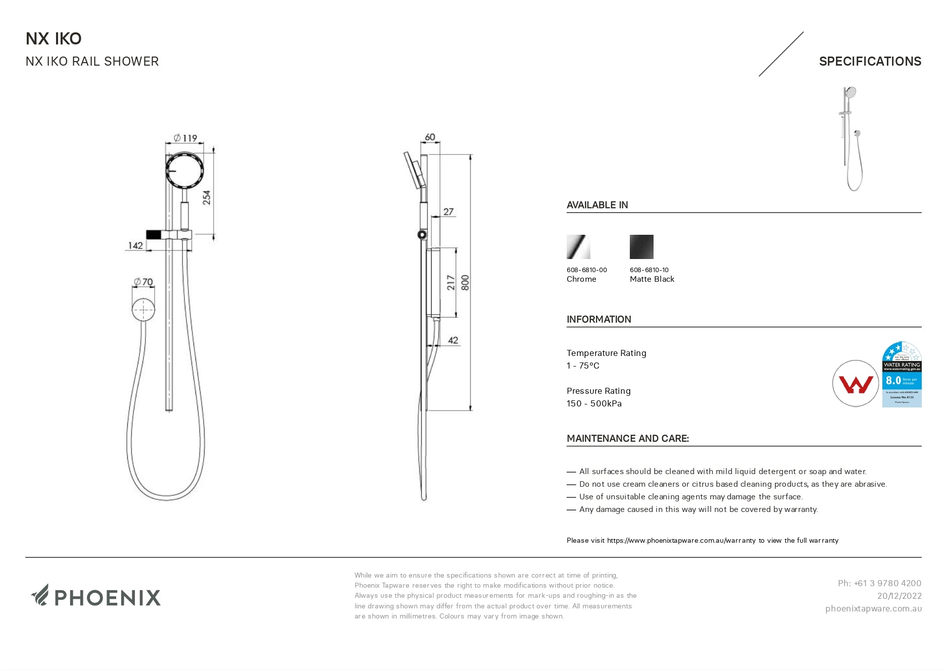 PHOENIX NX IKO WITH HYDROSENSE RAIL SHOWER CHROME