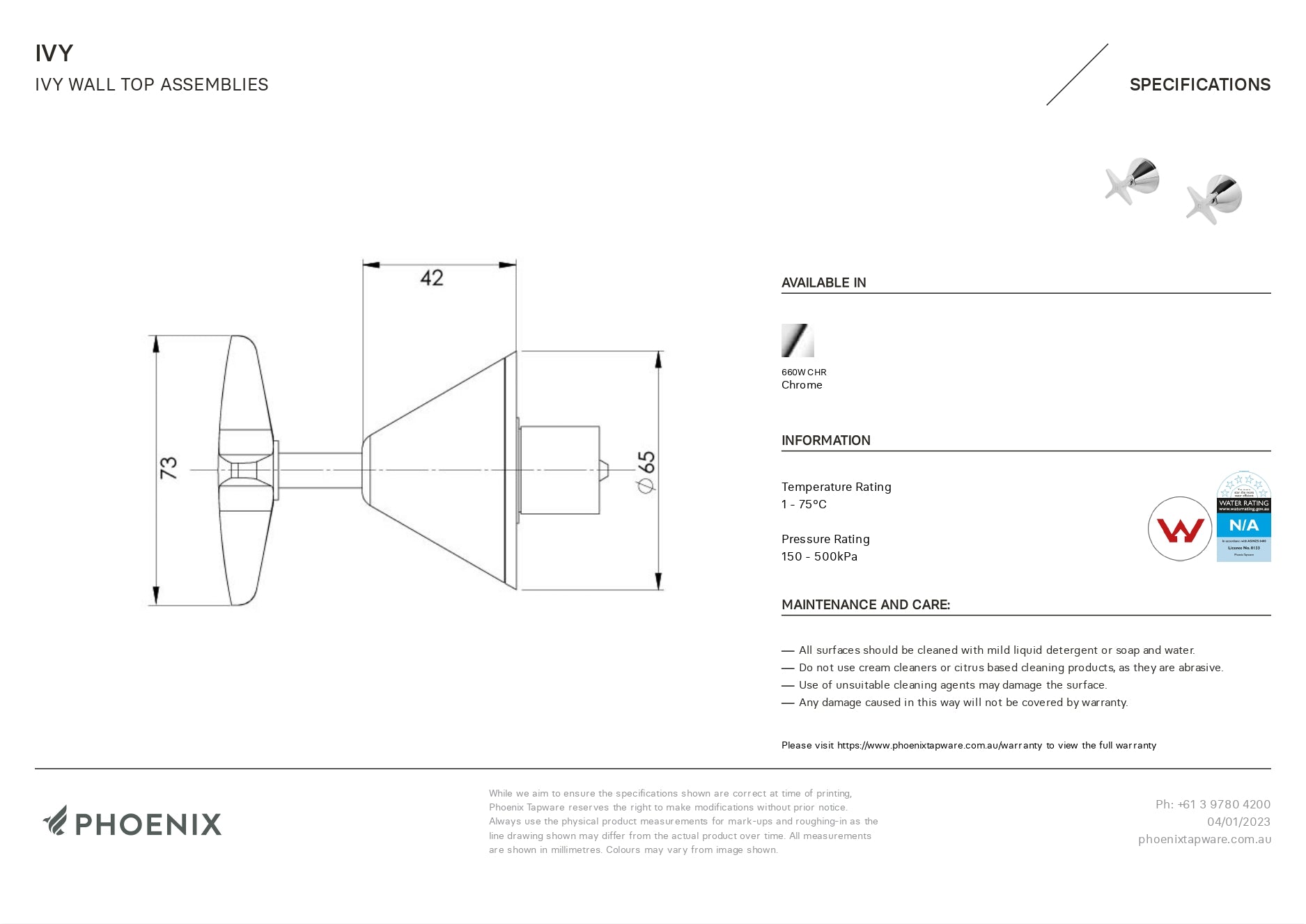 PHOENIX IVY LEAD FREE WALL TOP ASSEMBLIES CHROME