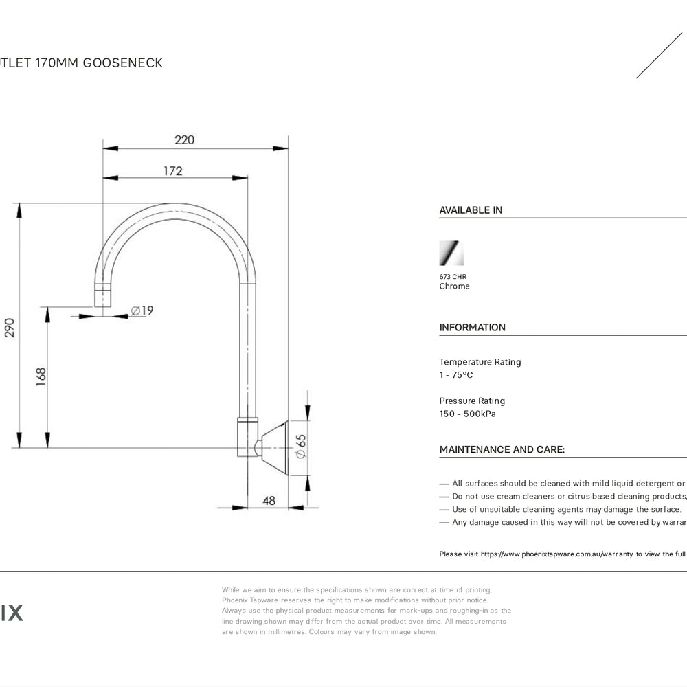PHOENIX IVY LEAD FREE WALL SINK OUTLET GOOSENECK 290MM CHROME