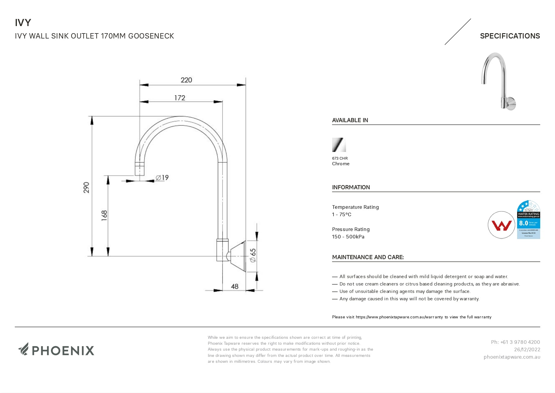 PHOENIX IVY LEAD FREE WALL SINK OUTLET GOOSENECK 290MM CHROME