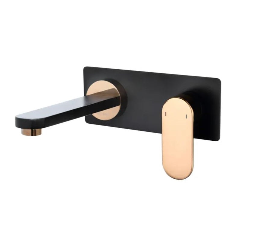 INSPIRE VETTO WALL BASIN MIXER 185MM MATTE BLACK AND ROSE GOLD