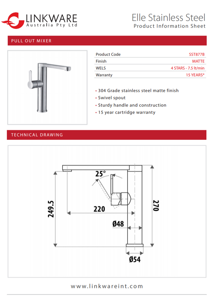 LINKWARE ELLE STAINLESS STEEL NOBLE SINK MIXER 270MM CHROME