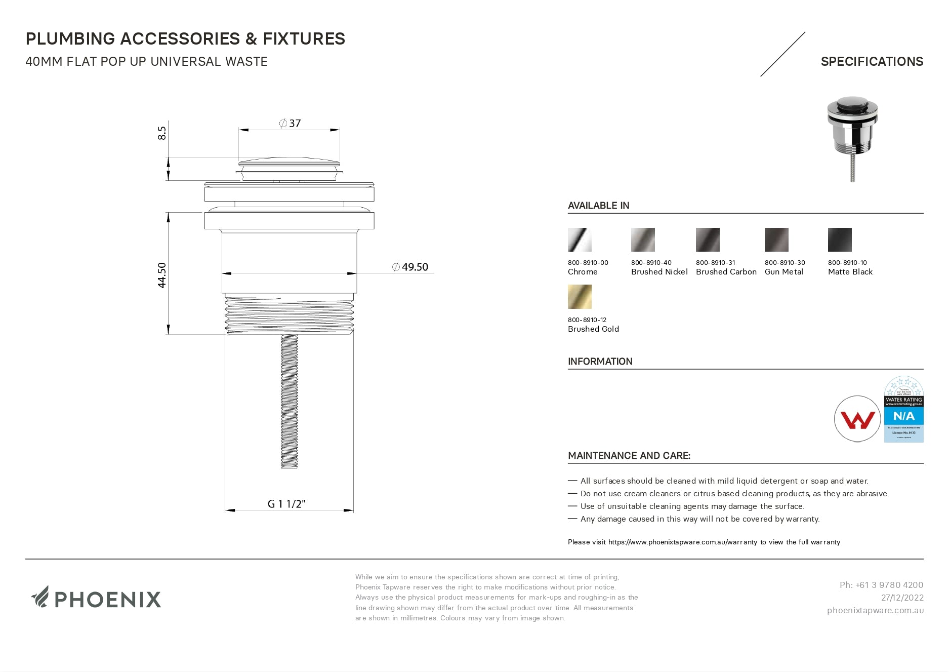 PHOENIX FLAT POP-UP UNIVERSAL WASTE CHROME 40MM