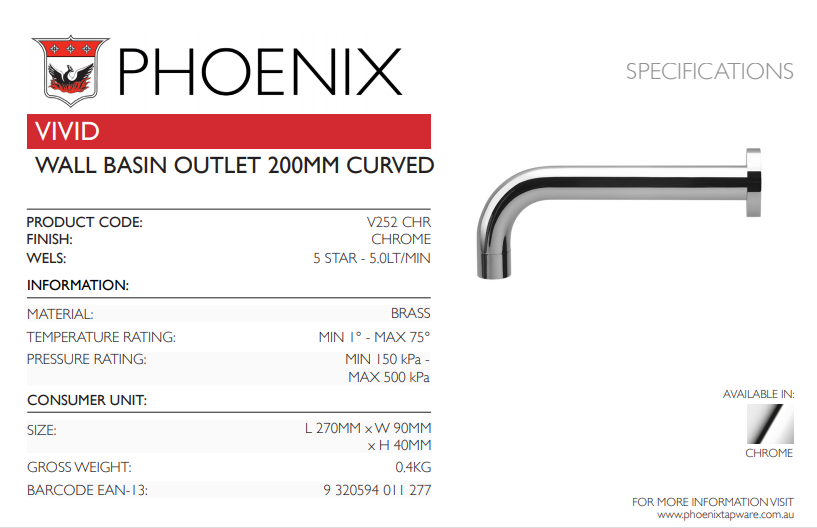 PHOENIX VIVID WALL BASIN OUTLET 200MM CHROME