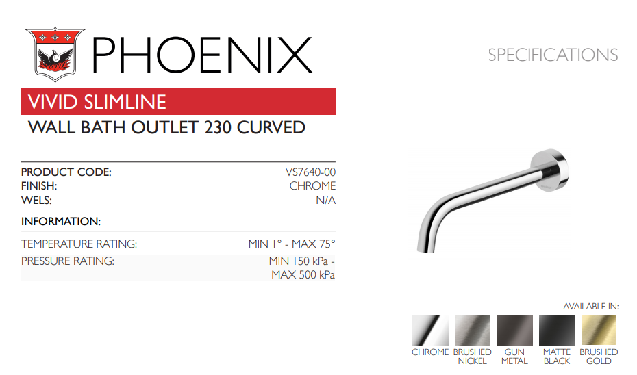 PHOENIX VIVID SLIMLINE LEAD FREE WALL BATH OUTLET 230MM CHROME
