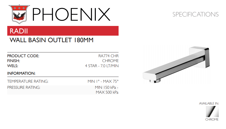PHOENIX RADII WALL BASIN OUTLET 180MM CHROME