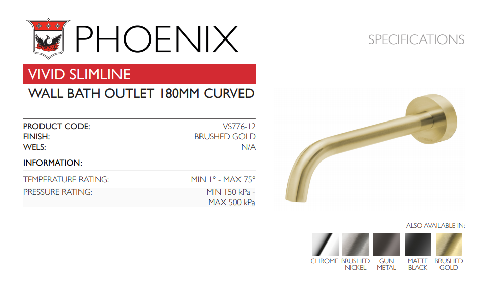 PHOENIX VIVID SLIMLINE LEAD FREE WALL BATH OUTLET 194MM BRUSHED GOLD