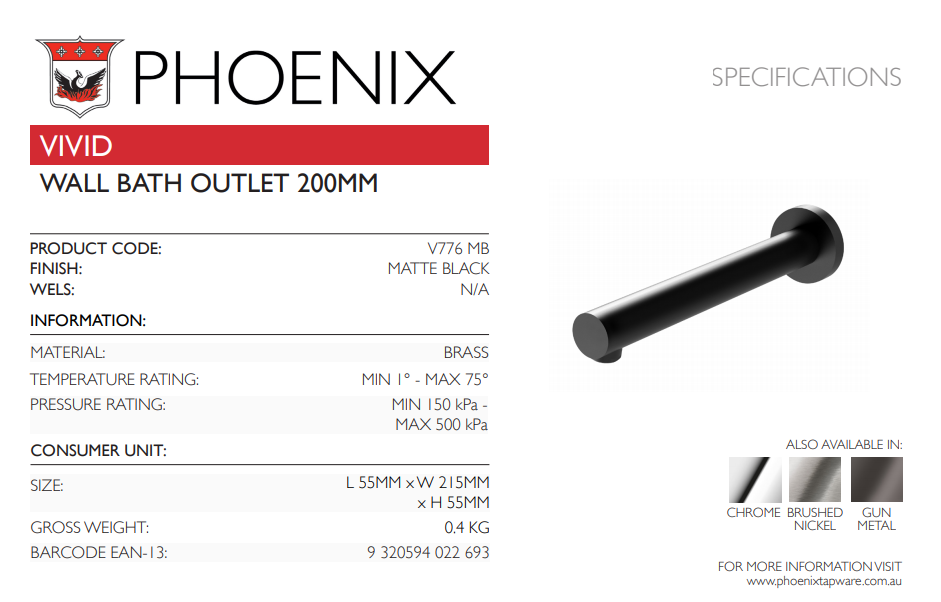 PHOENIX VIVID WALL BATH OUTLET 200MM MATTE BLACK