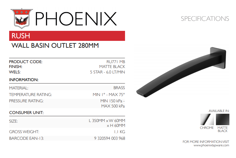 PHOENIX RUSH WALL BASIN OUTLET 280MM CHROME