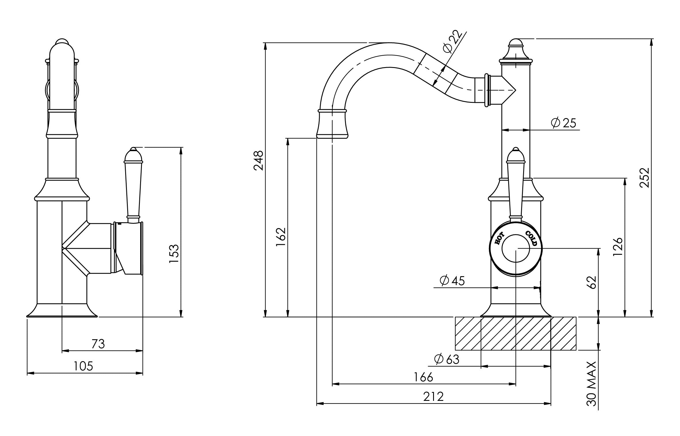 PHOENIX NOSTALGIA BASIN MIXER 160MM SHEPHERDS CROOK CHROME