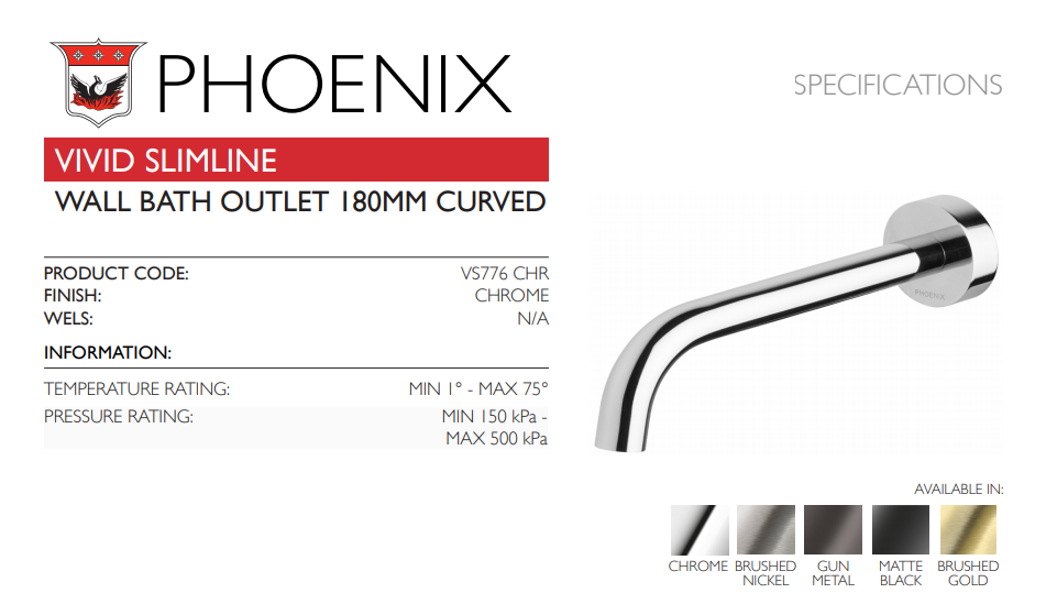 PHOENIX VIVID SLIMLINE LEAD FREE WALL BATH OUTLET 180MM CHROME