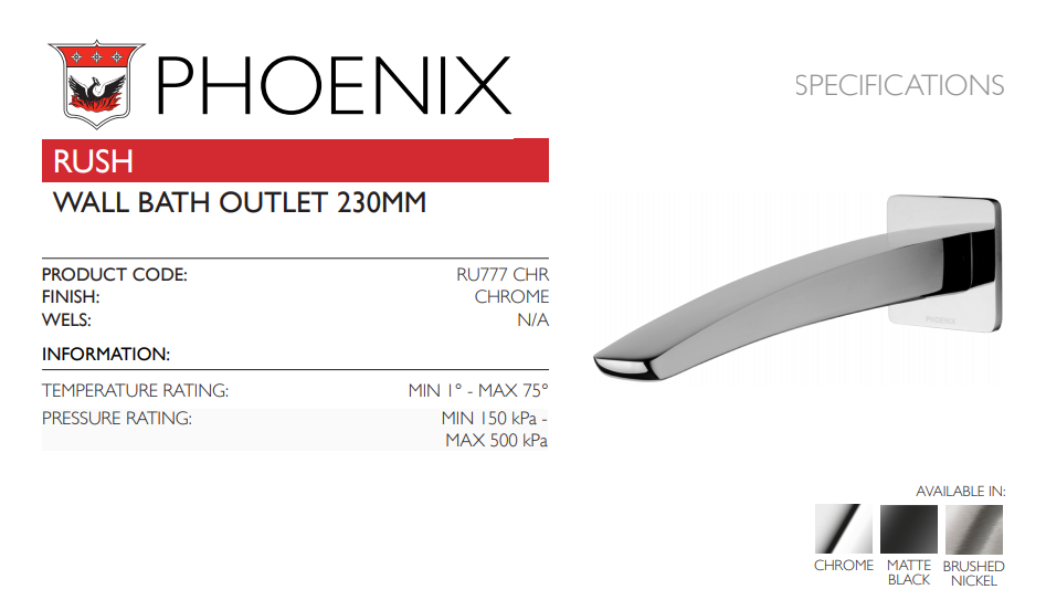 PHOENIX RUSH WALL BATH OUTLET 230MM CHROME
