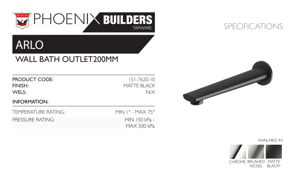 PHOENIX ARLO WALL BATH OUTLET 200MM MATTE BLACK