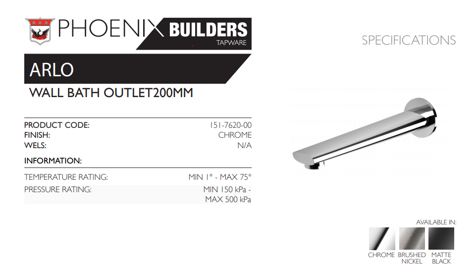PHOENIX ARLO WALL BATH OUTLET 200MM CHROME