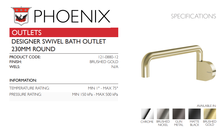 PHOENIX DESIGNER SWIVEL BATH OUTLET BRUSHED GOLD