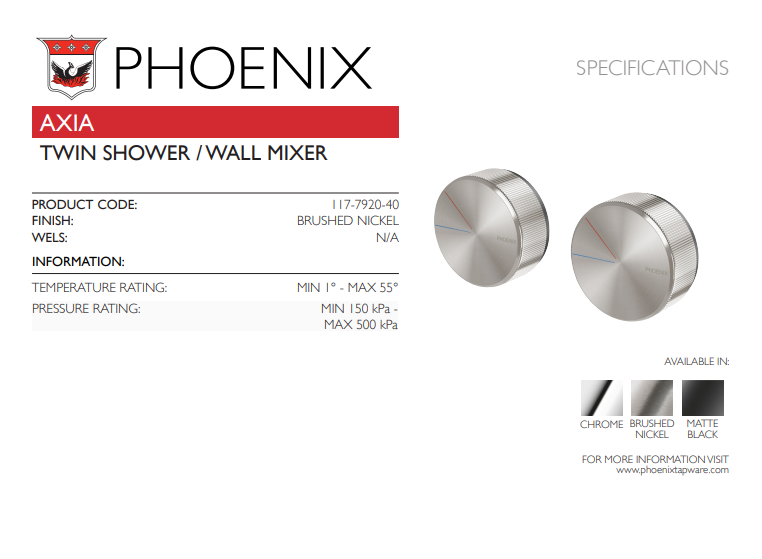 PHOENIX AXIA TWIN SHOWER WALL MIXER BRUSHED NICKEL