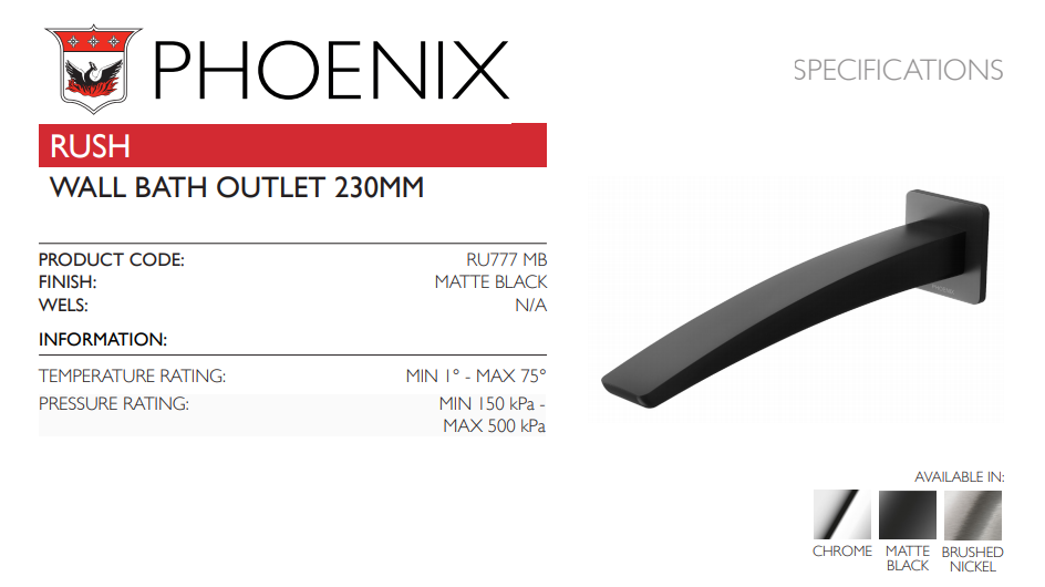PHOENIX RUSH WALL BATH OUTLET 230MM MATTE BLACK