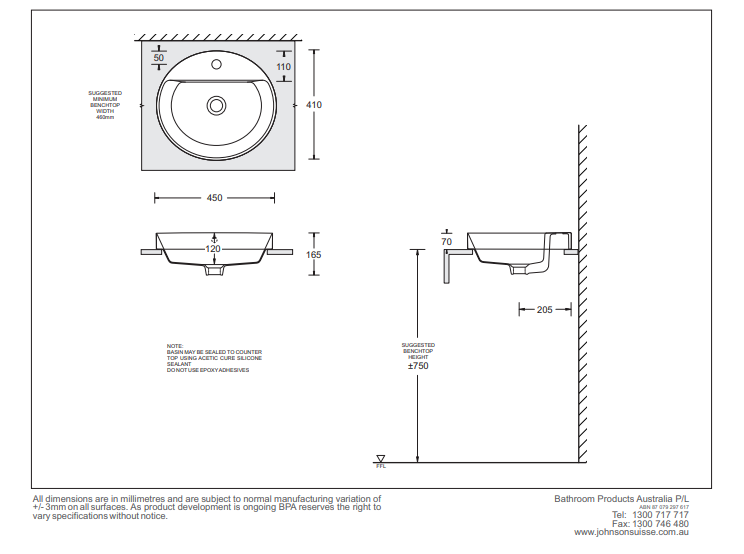 JOHNSON SUISSE GEMELLI OVAL SEMI-INSET BASINS WHITE 450MM