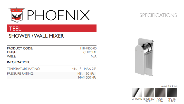 PHOENIX TEEL SHOWER WALL MIXER CHROME