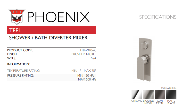 PHOENIX TEEL SHOWER / BATH DIVERTER MIXER BRUSHED NICKEL