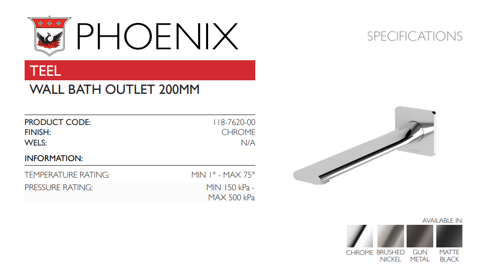 PHOENIX TEEL LEAD FREE WALL BATH OUTLET 200MM CHROME