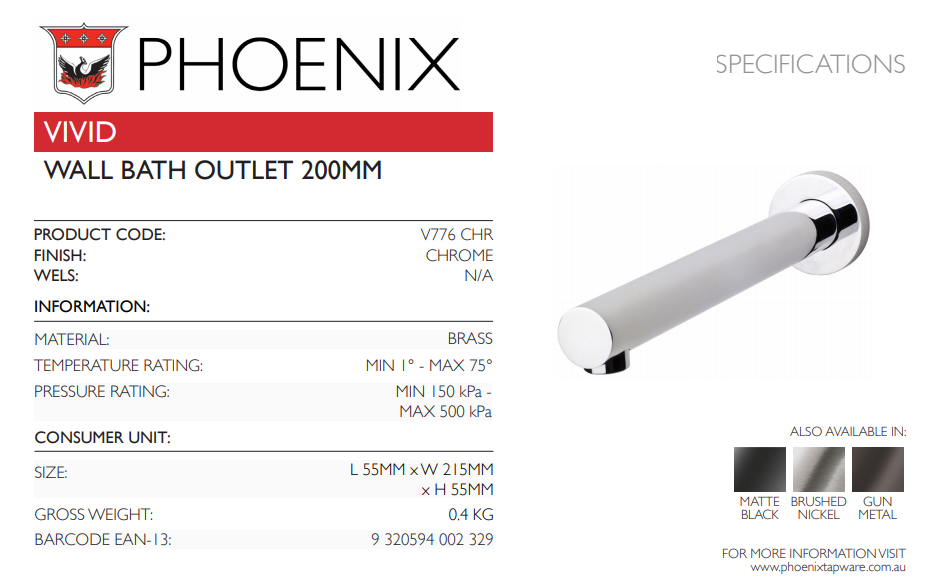 PHOENIX VIVID WALL BATH OUTLET 200MM CHROME