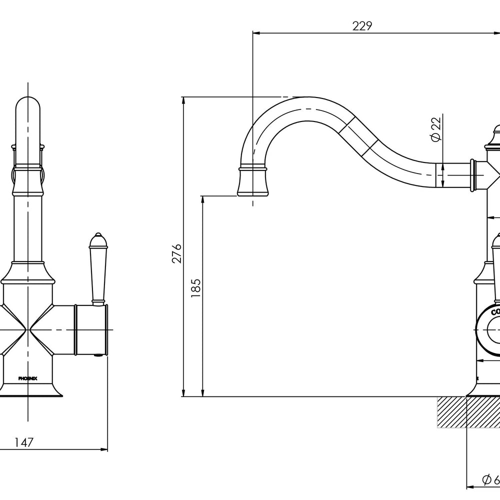 PHOENIX NOSTALGIA TWIN HANDLE SHEPHERDS CROOK SINK MIXER 276MM CHROME AND WHITE