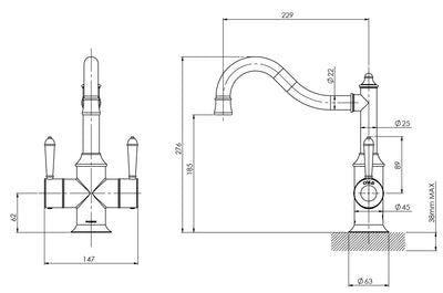 PHOENIX NOSTALGIA TWIN HANDLE SINK MIXER 276MM SHEPHERDS CROOK CHROME