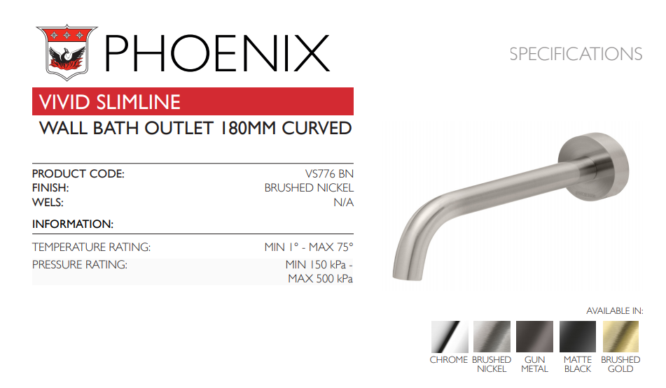 PHOENIX VIVID SLIMLINE LEAD FREE WALL BATH OUTLET 180MM BRUSHED NICKEL