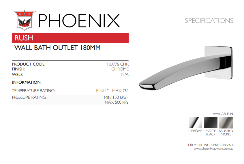 PHOENIX RUSH WALL BATH OUTLET 180MM CHROME
