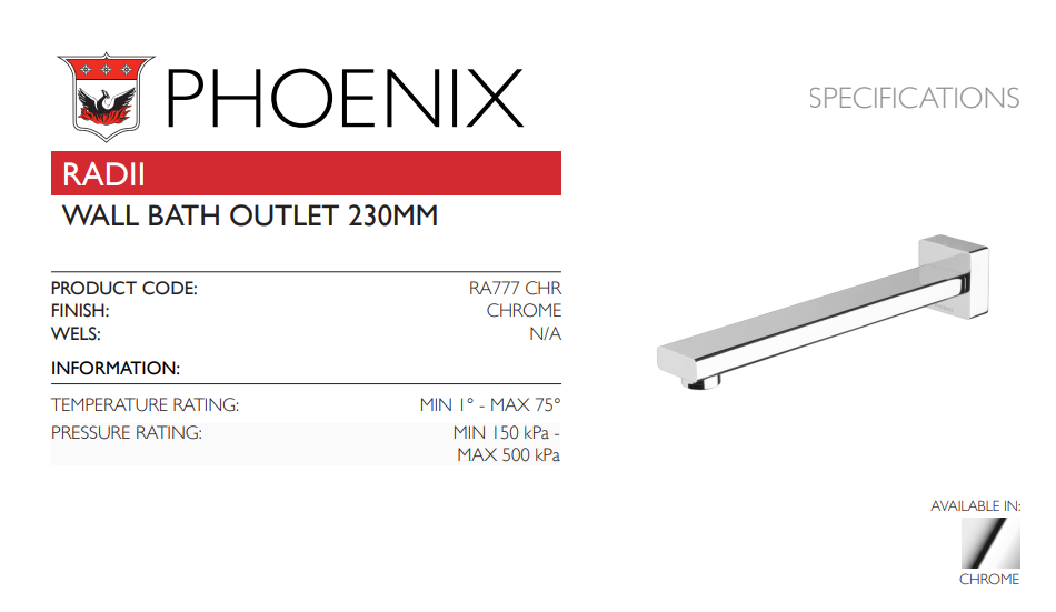 PHOENIX RADII WALL BATH OUTLET 230MM CHROME