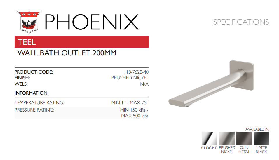 PHOENIX TEEL WALL BATH OUTLET 200MM BRUSHED NICKEL