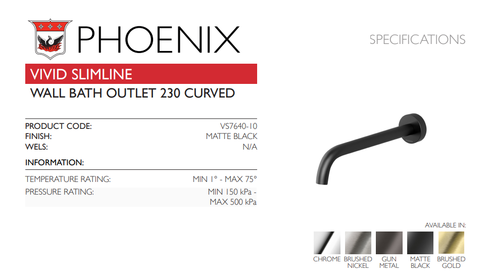 PHOENIX VIVID SLIMLINE LEAD FREE WALL BATH OUTLET 230MM MATTE BLACK