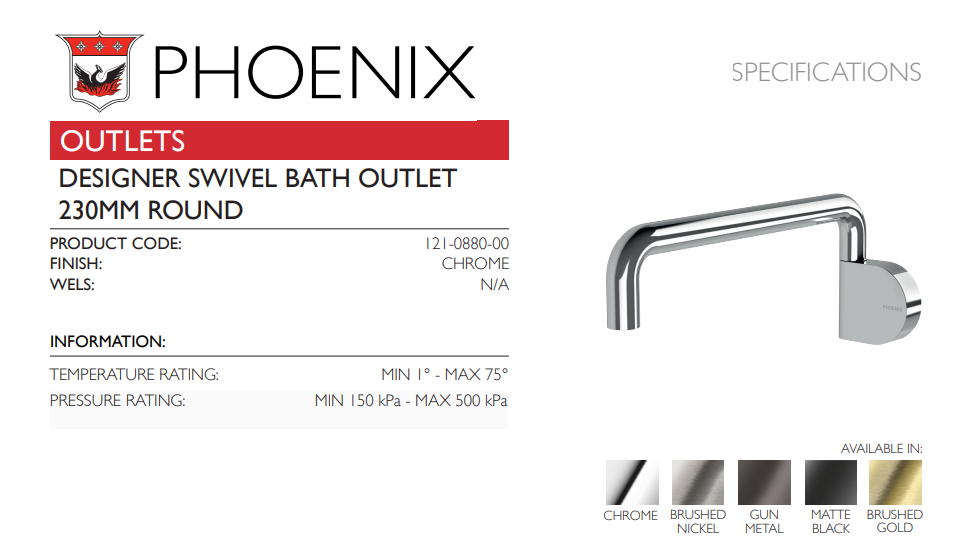 PHOENIX DESIGNER SWIVEL BATH OUTLET CHROME