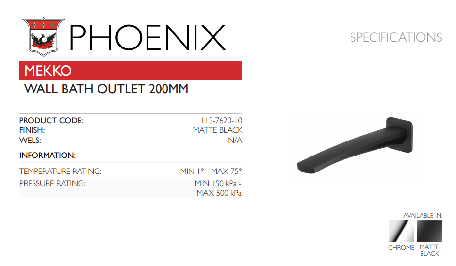 PHOENIX MEKKO LEAD FREE WALL BATH OUTLET 200MM MATTE BLACK