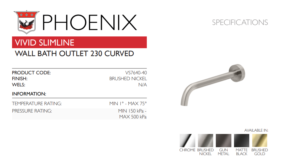 PHOENIX VIVID SLIMLINE LEAD FREE WALL BATH OUTLET 230MM BRUSHED NICKEL