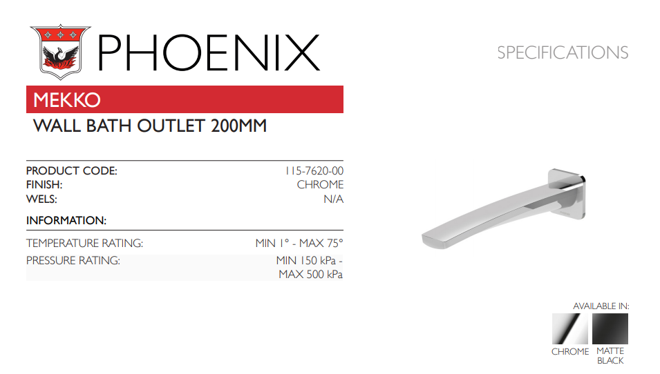 PHOENIX MEKKO LEAD FREE WALL BATH OUTLET 200MM CHROME