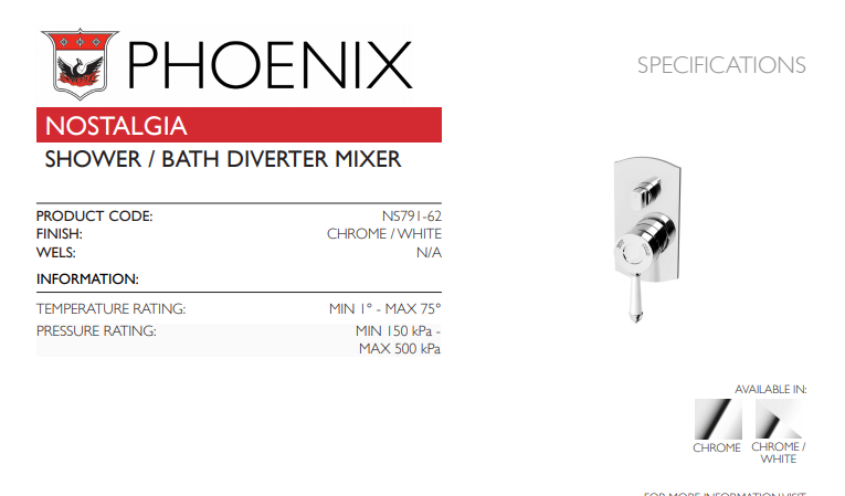 PHOENIX NOSTALGIA SHOWER / BATH DIVERTER MIXER 154MM CHROME AND WHITE