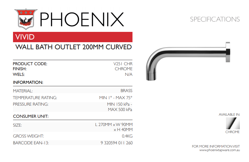 PHOENIX VIVID WALL BATH OUTLET 200MM CURVED CHROME