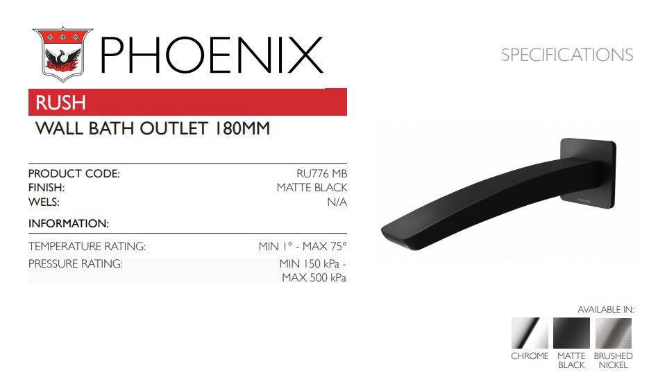 PHOENIX RUSH WALL BATH OUTLET 180MM MATTE BLACK